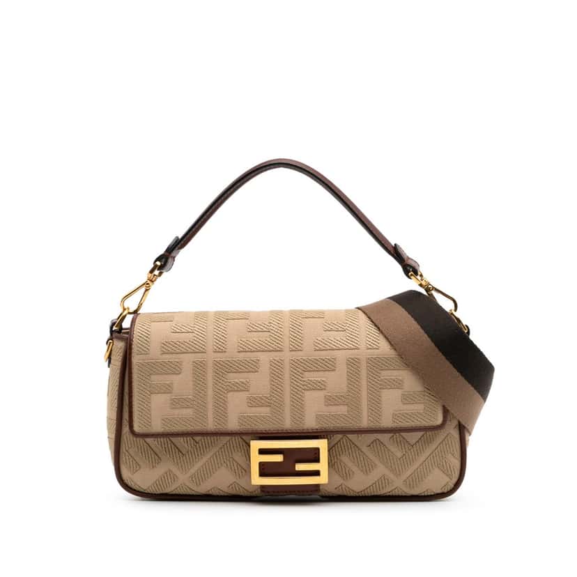 Fendi Medium Embroidered Canvas Baguette Satchel Brown Canvas Good condition - Front View