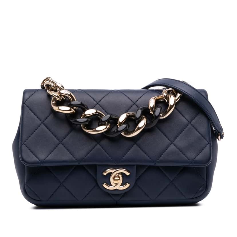 Chanel Small Lambskin Elegant Chain Single Flap Blue Leather Good condition - Front View