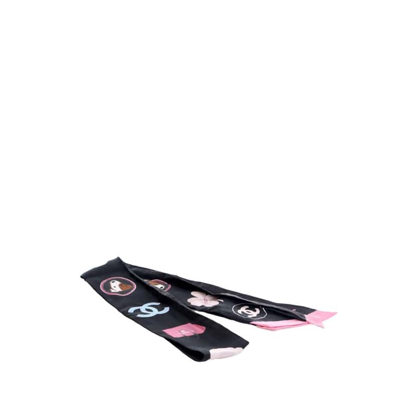 Chanel CC Logo Camellia and Dog Silk Bandeau Scarf Black Silk Good condition - Front View