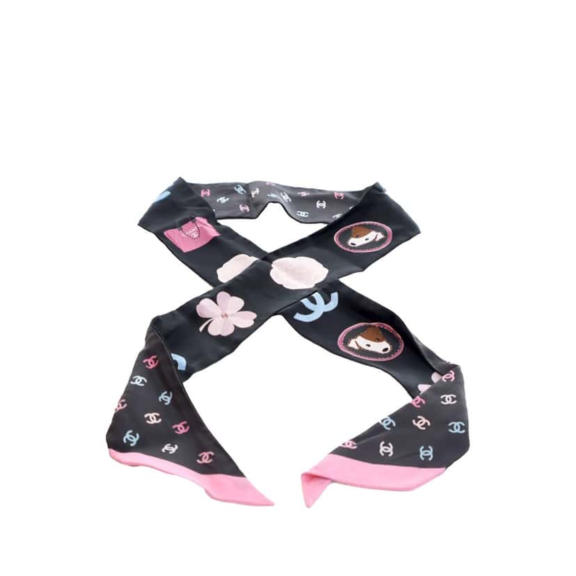 Chanel CC Logo Camellia and Dog Silk Bandeau Scarf Black Silk Good condition - Back View