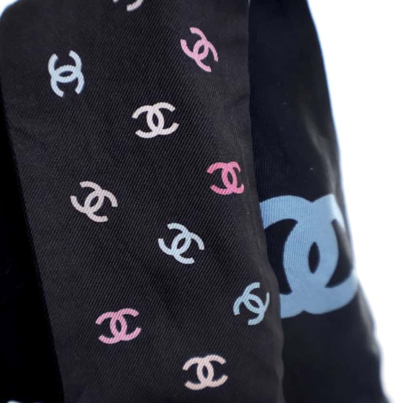 Chanel CC Logo Camellia and Dog Silk Bandeau Scarf Black Silk Good condition - Inside View
