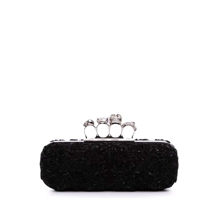 Alexander Mcqueen Beaded Lace Skull Knuckle Duster Clutch Black Good condition - Front View