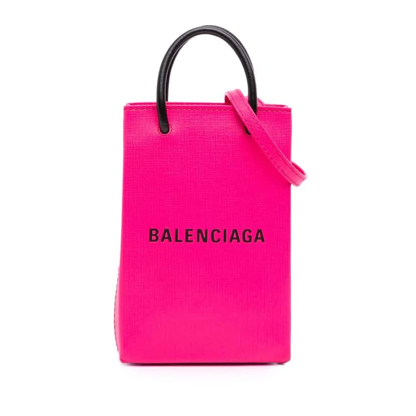 Balenciaga Mini Calfskin Logo Shopping Phone Holder Pink Leather Good condition - Front View