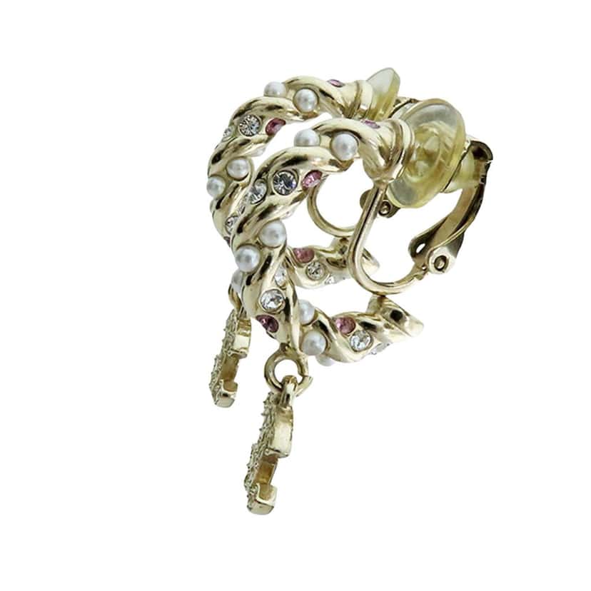 Chanel CC Gold Plated Faux Pearl and Rhinestone Drop Clip on Earrings Gold Metal Good condition - Inside View