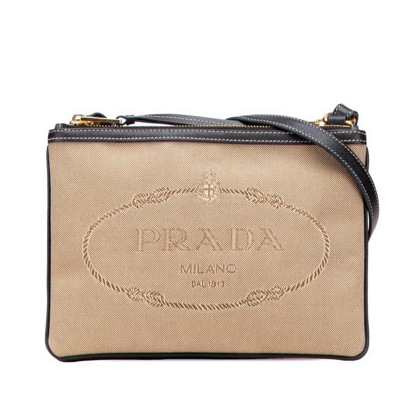 Prada Canvas Canapa Logo Double Zip Crossbody Brown Canvas Good condition - Front View