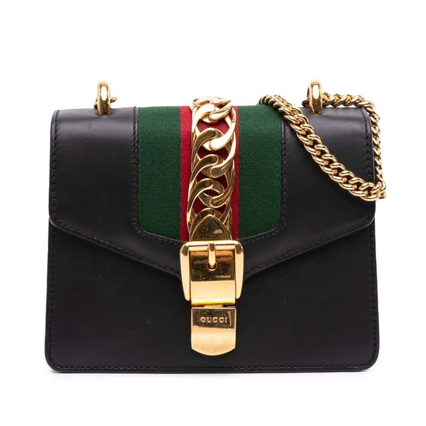 Gucci Mini Leather Web Sylvie Chain Crossbody Black Leather Good condition - Front View