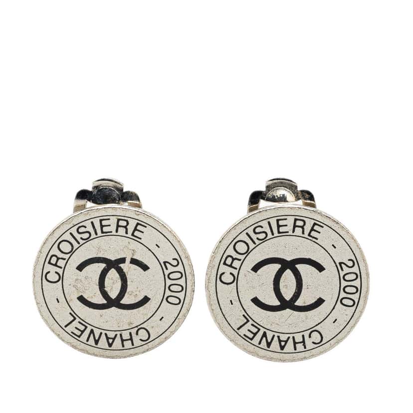 Chanel Silver Cruise CC Logo Disc Clip on Earrings Silver Silver Good condition - Front View