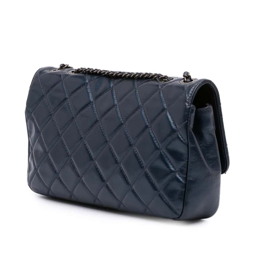 Chanel Medium Quilted Glazed Calfskin Coco Pleats Flap Blue Leather Good condition - Back View