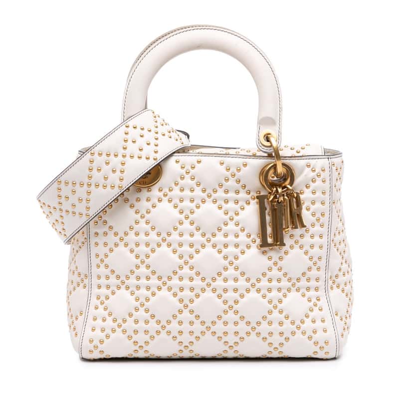 Dior Medium Calfskin Cannage Studded Supple Lady Dior White Leather Good condition - Front View