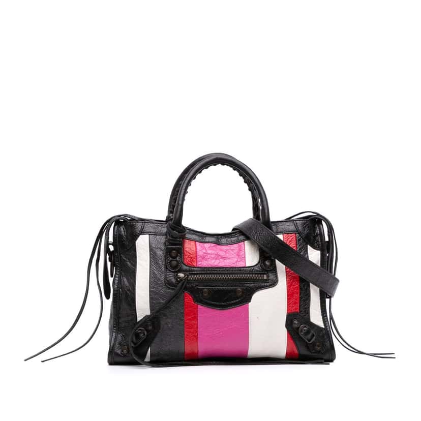 Balenciaga Small Lambskin Motocross Striped Classic City Satchel Black Leather Good condition - Front View