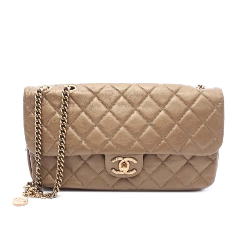 Chanel Medium Quilted Metallic Lambskin CC Crown Flap Brown Leather Good condition - Front View