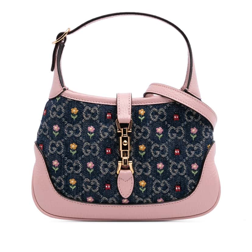 Gucci Limited Edition Mini GG Embroidered Denim Floral Jackie 1961 Crossbody Blue Denim Good condition - Front View