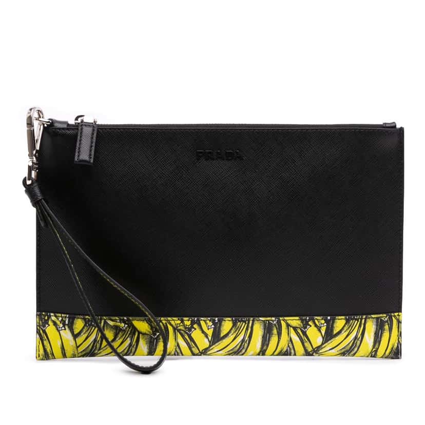 Prada Saffiano Banana Print Clutch Black Leather Good condition - Front View