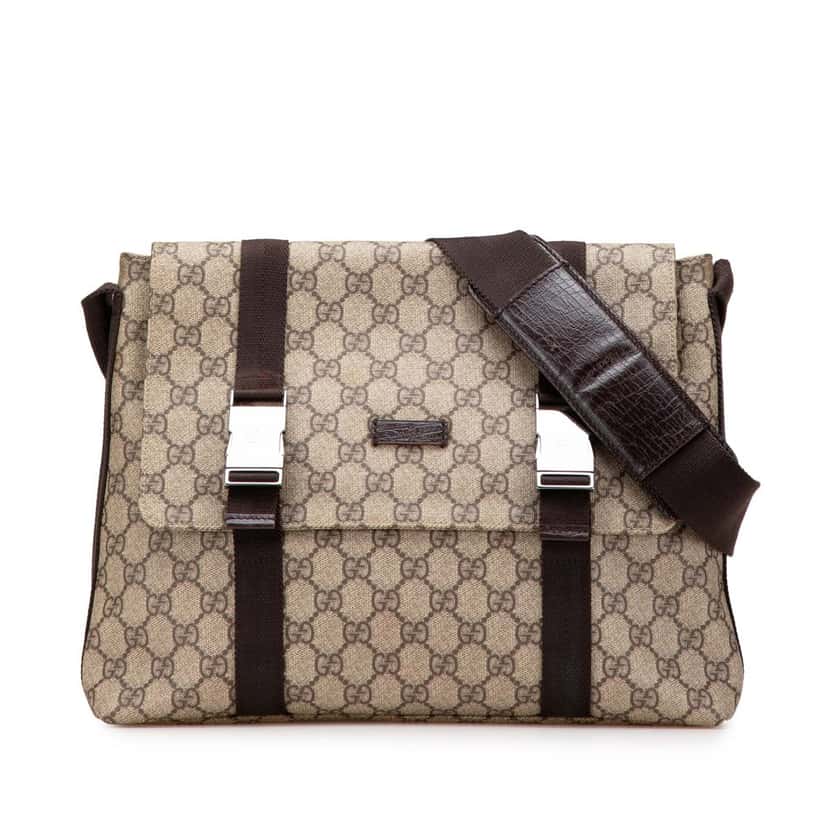 Gucci Large GG Supreme Double Buckle Flap Messenger Bag Brown Canvas Good condition - Front View