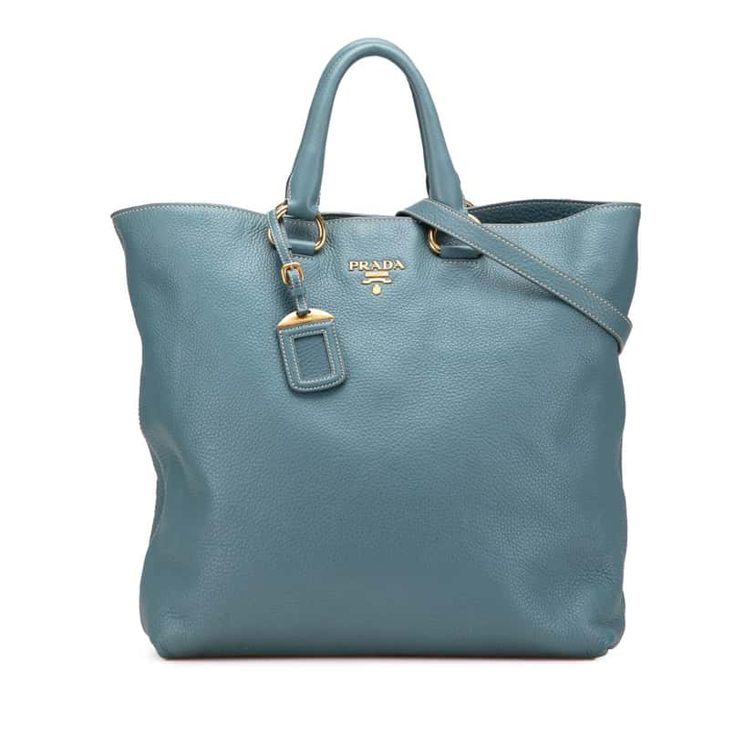 Prada Vitello Daino Open Convertible Tote Blue Leather Good condition - Front View