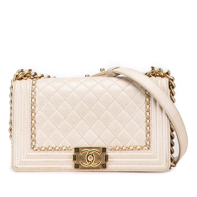 Chanel Old Medium Quilted Aged Calfskin Jacket Boy Flap White Leather Good condition - Front View