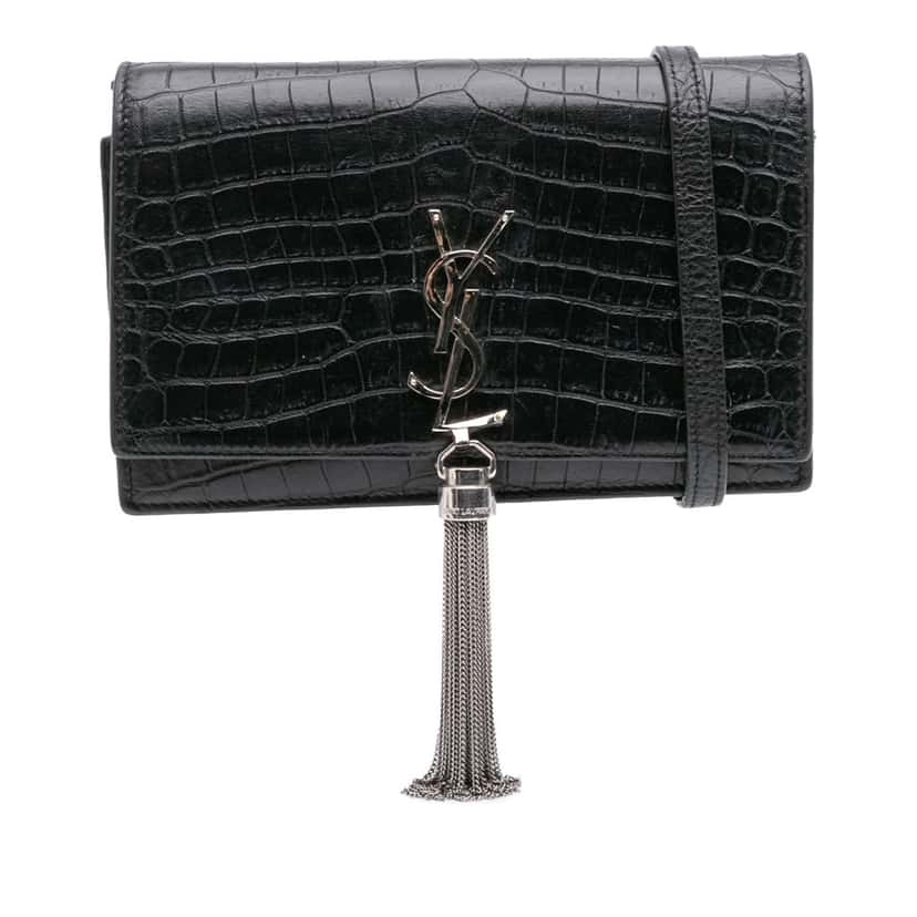 Saint Laurent Croc Embossed Leather Monogram Kate Tassel Wallet on Chain Black Leather Good condition - Front View