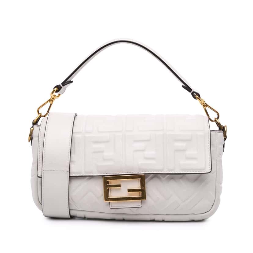 Fendi Zucca Embossed Leather Baguette Satchel White Leather Good condition - Front View