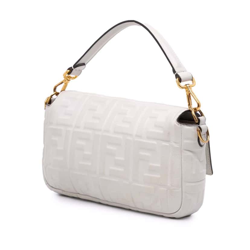Fendi Zucca Embossed Leather Baguette Satchel White Leather Good condition - Back View