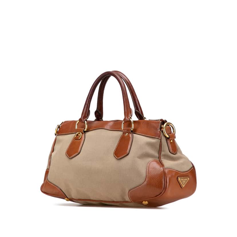 Prada Leather Trimmed Canvas Canapa Logo Satchel Brown Canvas Good condition - Back View