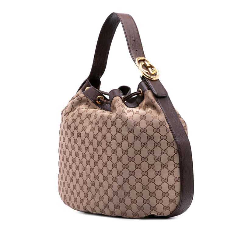 Gucci GG Canvas Interlocking Icon Drawstring Hobo Brown Canvas Good condition - Back View