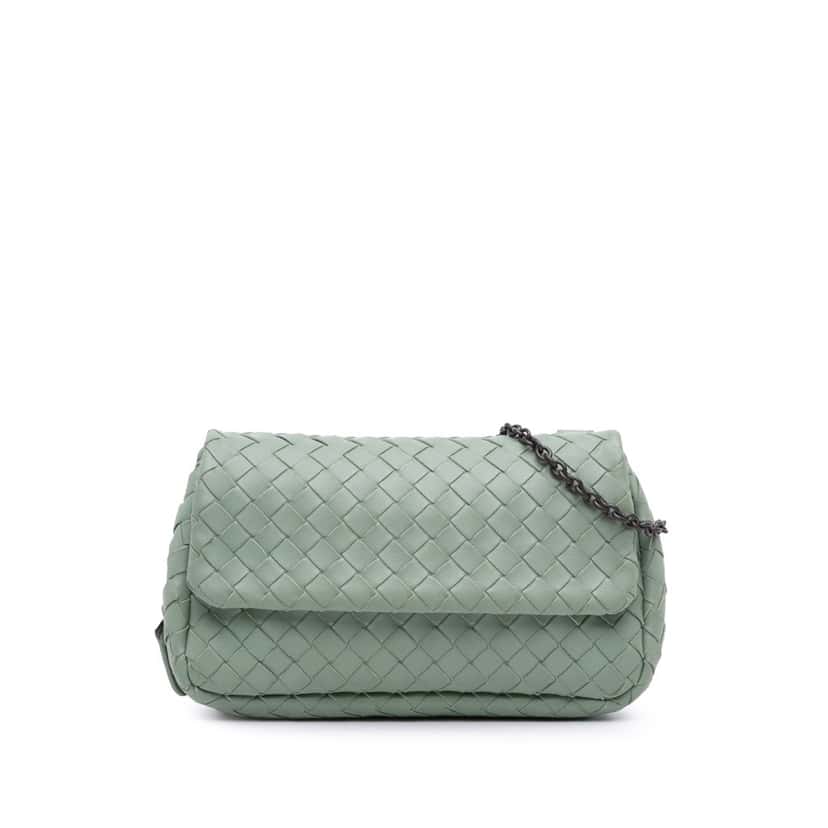 Bottega Veneta Mini Nappa Intrecciato Expandable Chain Flap Crossbody Green Leather Good condition - Front View