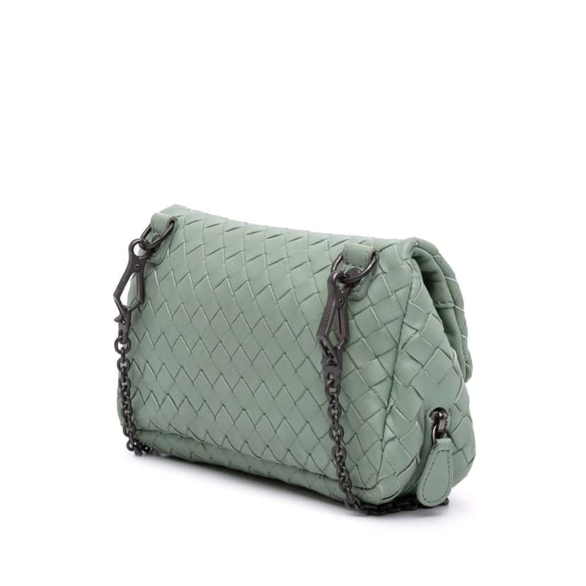 Bottega Veneta Mini Nappa Intrecciato Expandable Chain Flap Crossbody Green Leather Good condition - Back View
