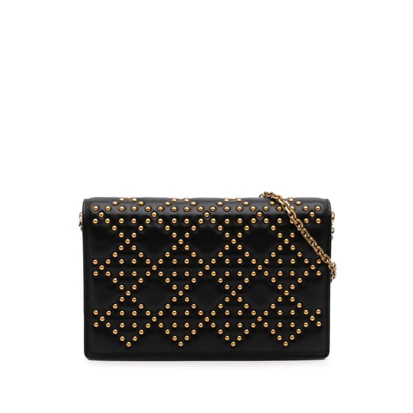 Dior Studded Calfskin Cannage Lady Dior Wallet on Chain Black Leather Good condition - Front View