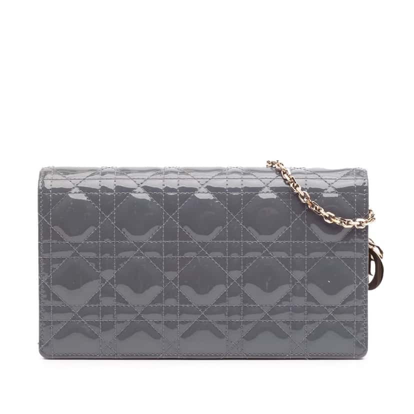 Dior Patent Cannage Lady Dior Wallet On Chain Grey Leather Good condition - Front View
