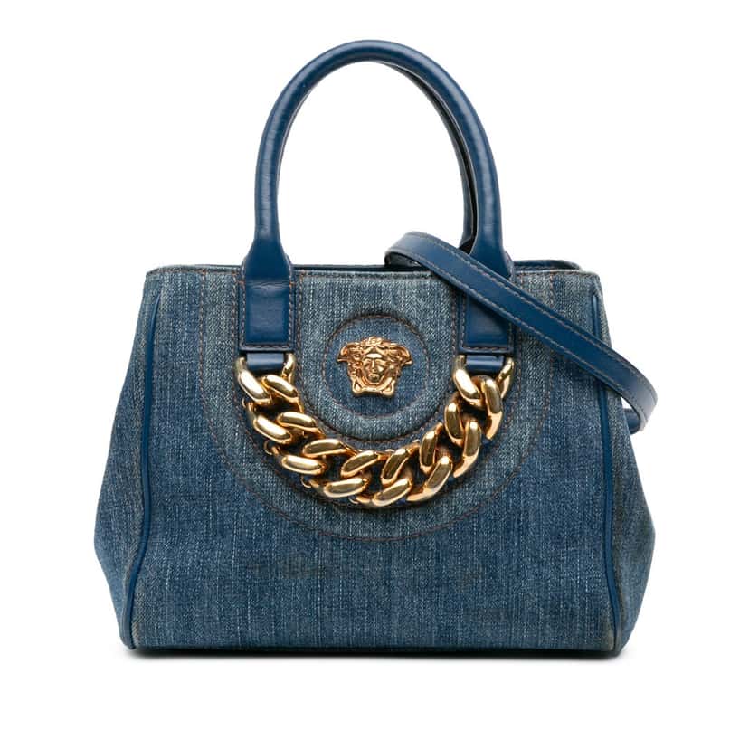 Versace Small Denim La Medusa Chain Top Handle Bag Blue Denim Good condition - Front View