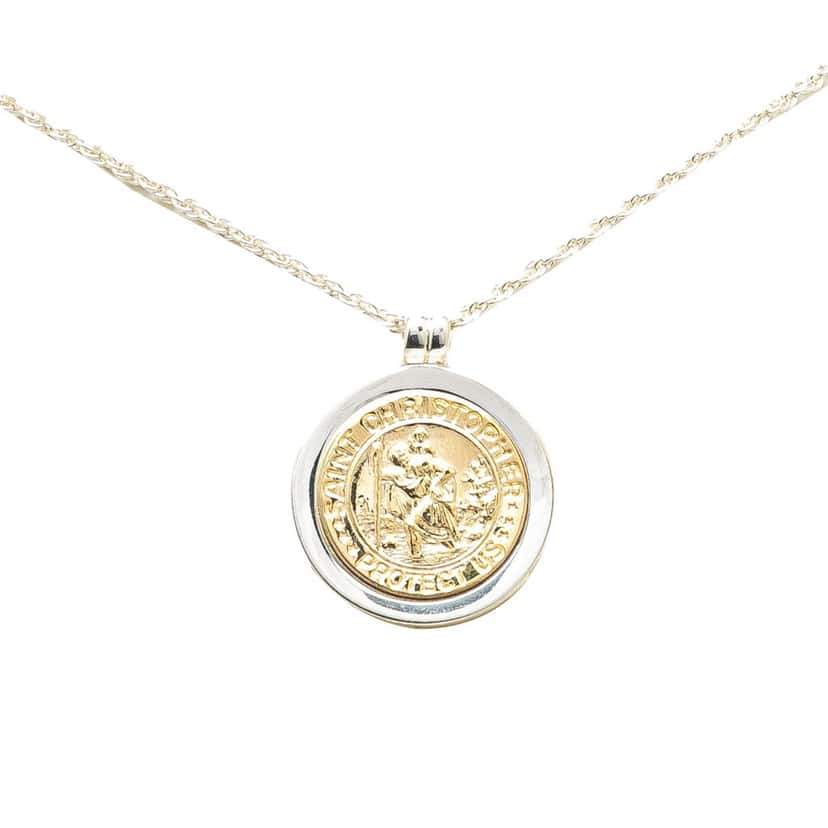 Tiffany & Co Sterling Silver and 18K Yellow Gold Saint Christopher Coin Pendant Necklace Silver Silver Good condition - Front View
