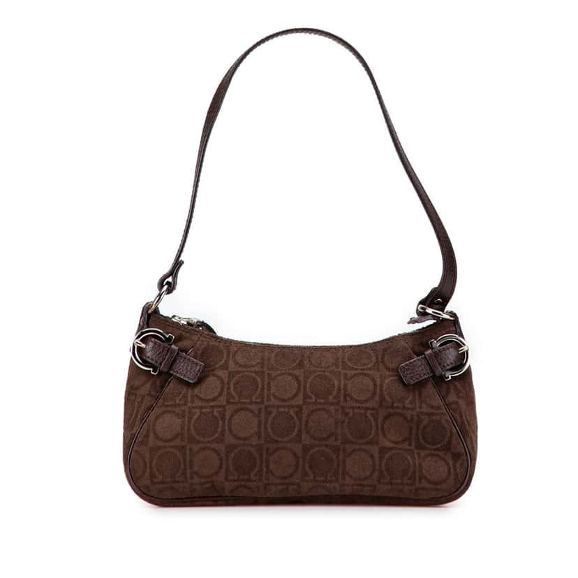 Salvatore Ferragamo Gancini Suede Shoulder Bag Brown Leather Good condition - Front View
