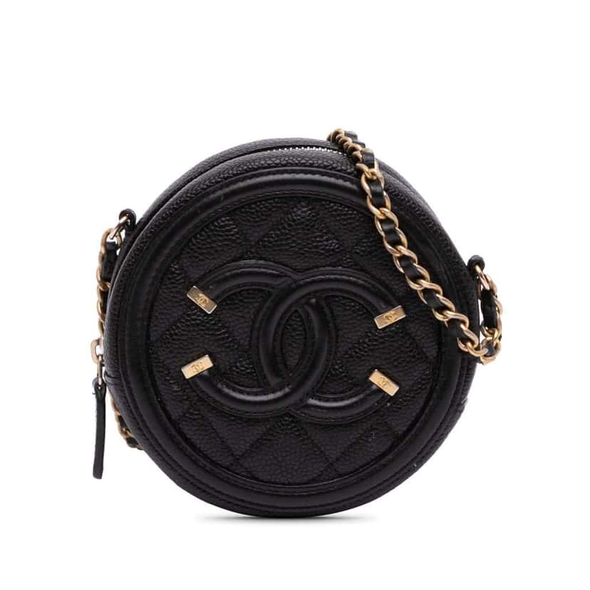 Chanel Caviar CC Filigree Round Clutch with Chain Black Leather Good condition - Front View