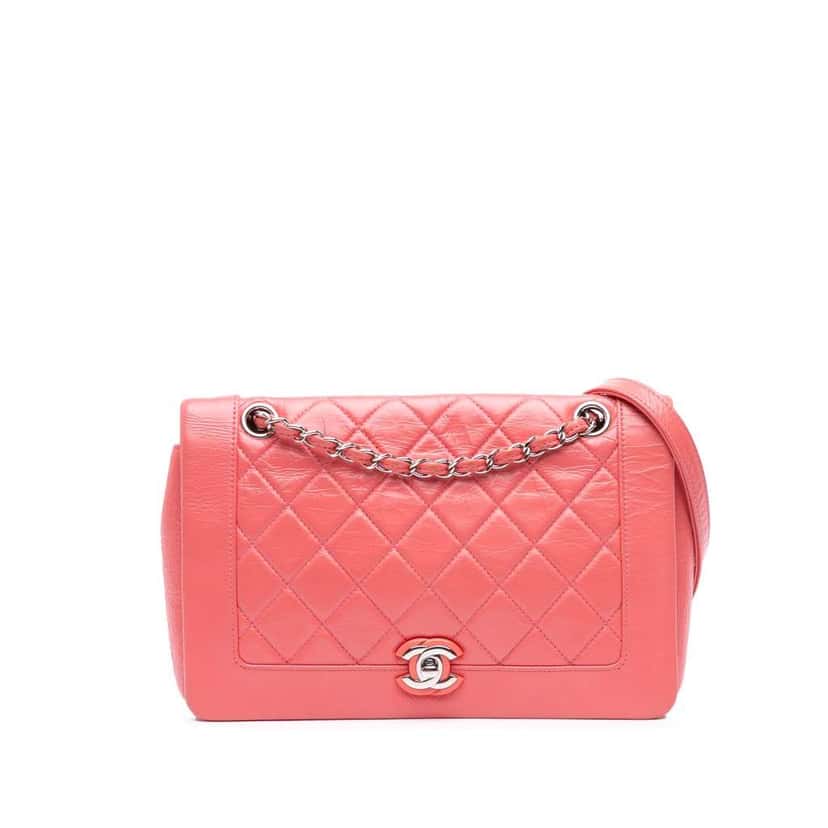 Chanel Crumpled Calfskin Bi Quilted Vintage Full Flap Pink Leather Good condition - Front View