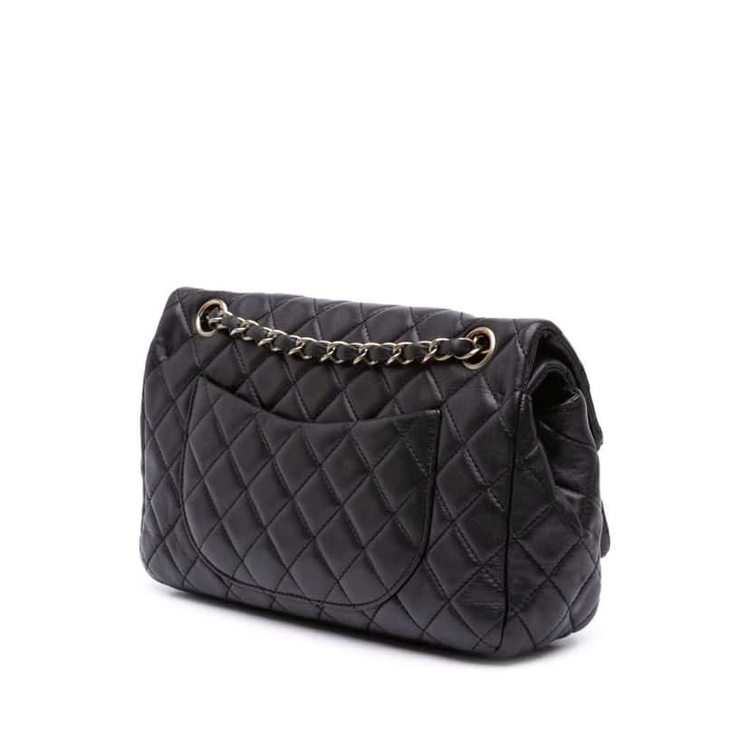 Chanel CC Quilted Lambskin Double Flap Black Leather Good condition - Back View