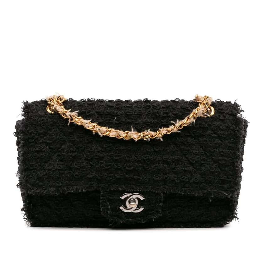 Chanel Medium Classic Tweed Single Flap Black Tweed Good condition - Front View