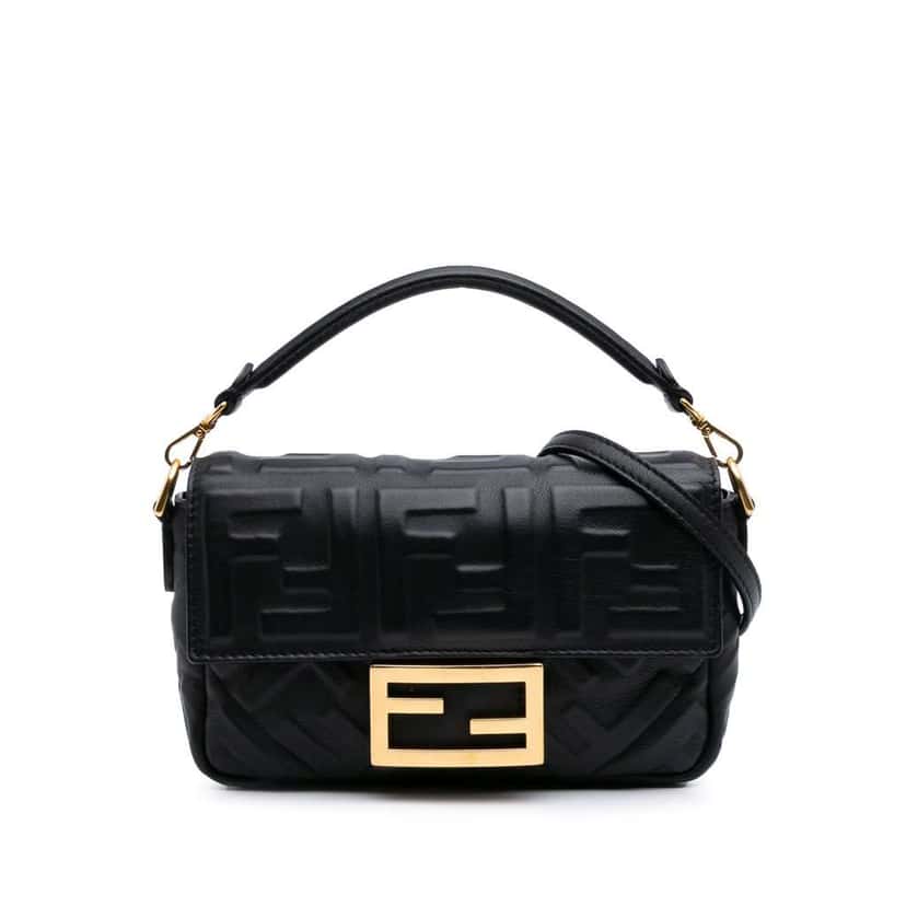 Fendi Mini Zucca Embossed Leather Baguette Satchel Black Leather Good condition - Front View