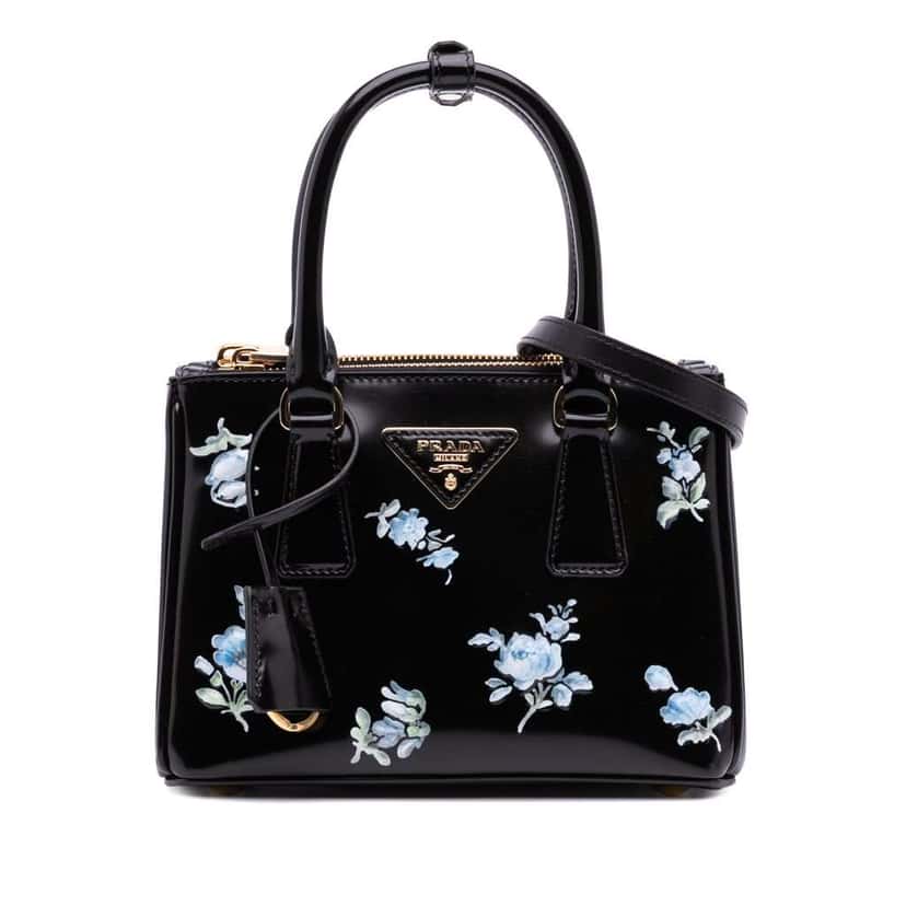Prada Mini Brushed Leather Floral Print Galleria Double Zip Satchel Black Leather Good condition - Front View
