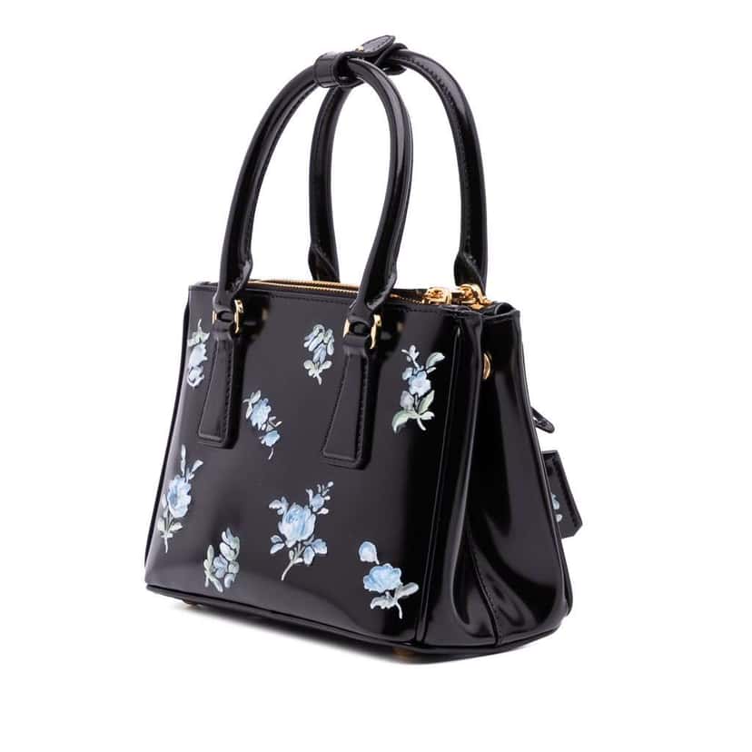 Prada Mini Brushed Leather Floral Print Galleria Double Zip Satchel Black Leather Good condition - Back View