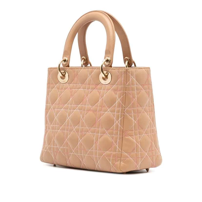 Dior Medium Lambskin Cannage Contrast Stitch Lady Dior Brown Leather Good condition - Back View