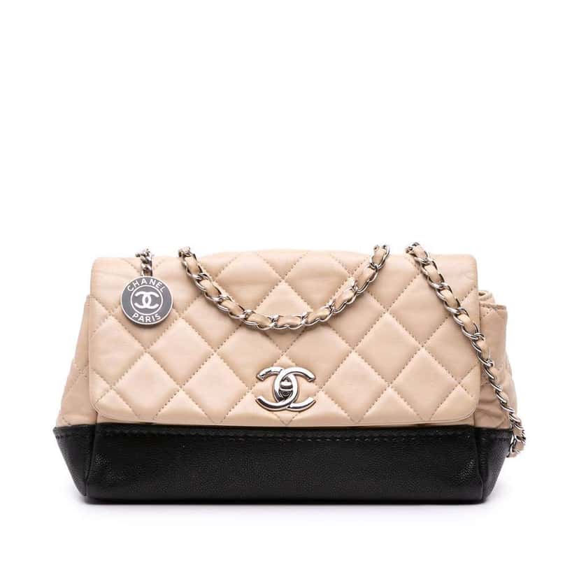 Chanel CC Bicolor Quilted Calfskin and Caviar Single Flap Brown Leather Good condition - Front View
