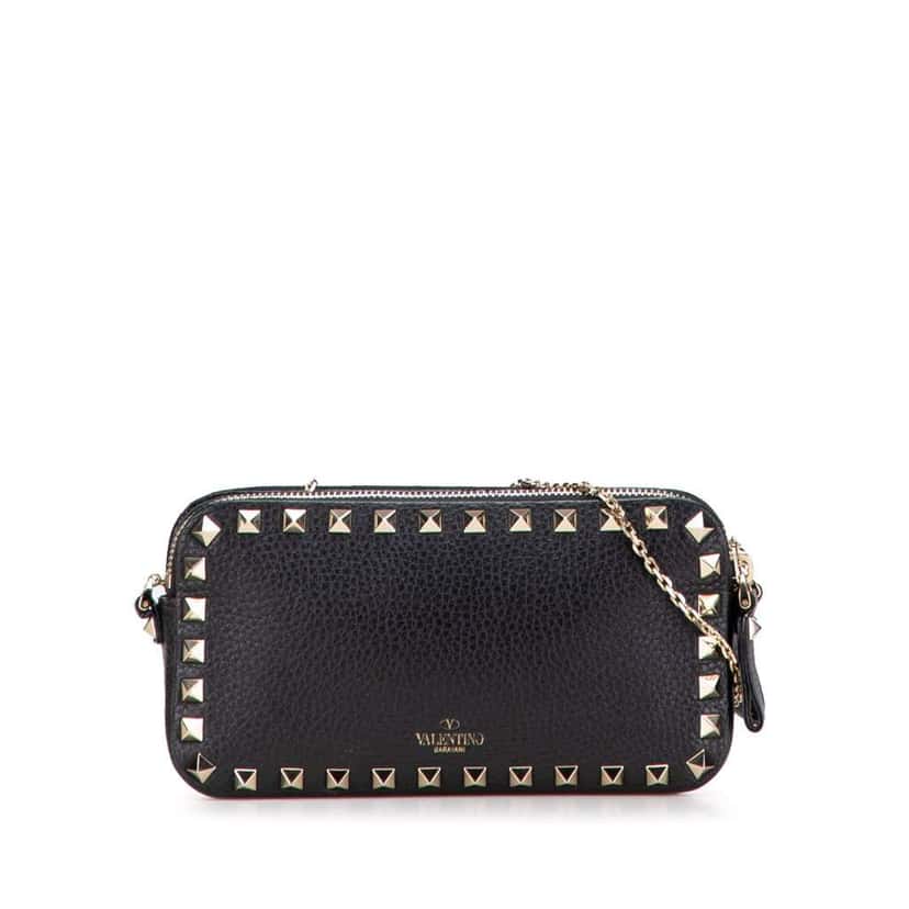 Valentino Pebbled Calfskin Rockstud Double Zip Chain Pouch Black Leather Good condition - Front View
