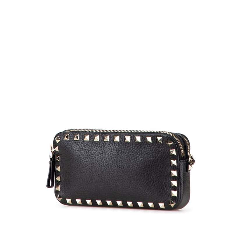 Valentino Pebbled Calfskin Rockstud Double Zip Chain Pouch Black Leather Good condition - Back View