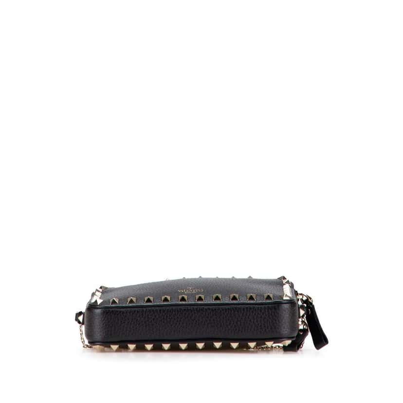 Valentino Pebbled Calfskin Rockstud Double Zip Chain Pouch Black Leather Good condition - Inside View