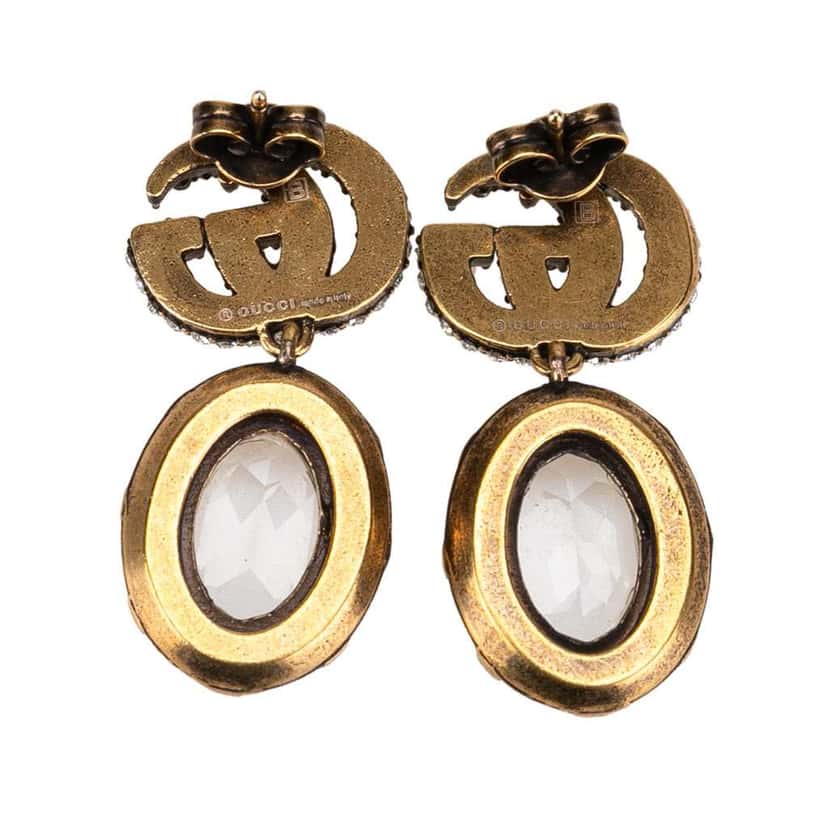 Gucci Gold Plated GG Marmont Crystal Drop Push Back Earrings White Metal Good condition - Back View