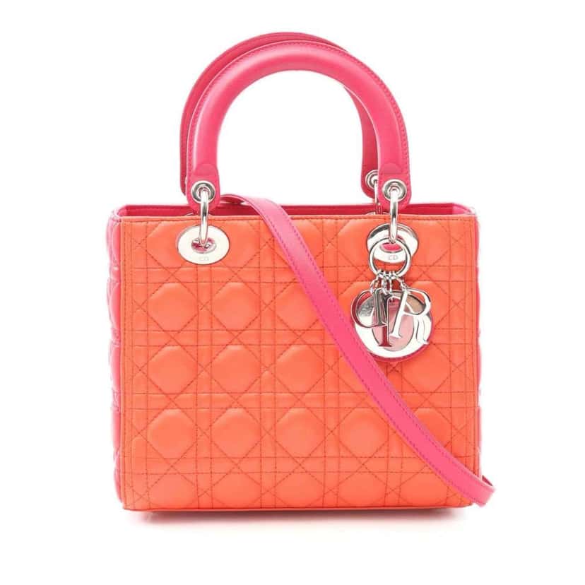 Dior Medium Bicolor Lambskin Cannage Lady Dior Orange Leather Good condition - Front View