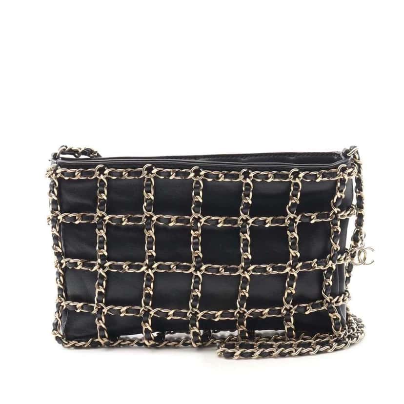 Chanel Lambskin Chain Frame Crossbody Black Leather Good condition - Front View