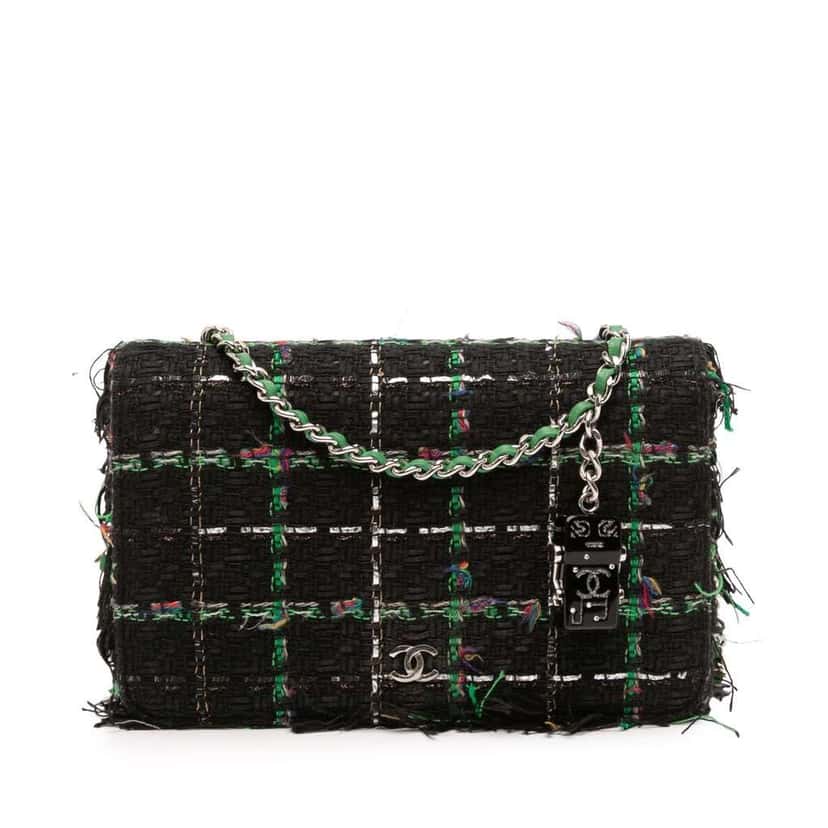 Chanel Quilted Boucle Tweed Robot Charm Wallet On Chain Black Tweed Good condition - Front View