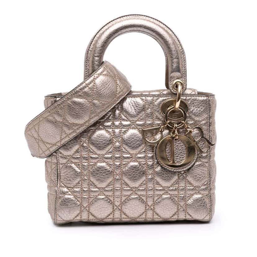 Dior Small Metallic Grained Calfskin Cannage Supple Lady Dior Gold Leather Good condition - Front View