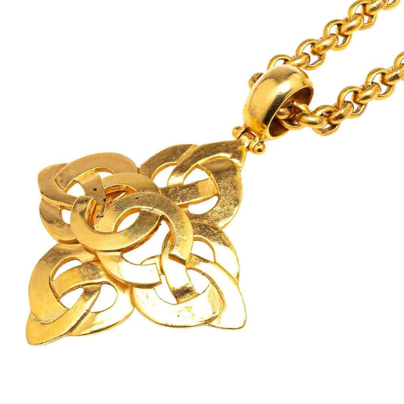 Chanel Gold Plated CC Clover Pendant Necklace Gold Metal Good condition - Back View